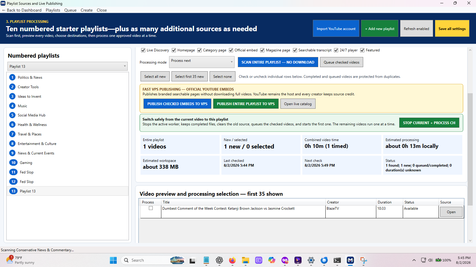 Motta Creator Studio playlist sources and live publishing screen